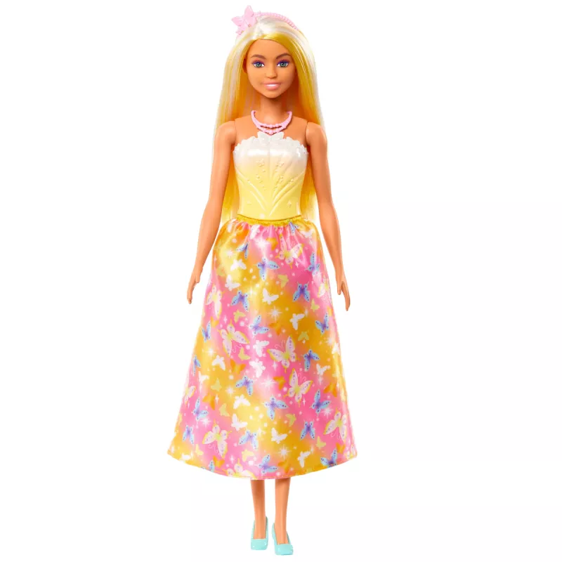 Barbie A Touch of Magic Royal bambola con capelli biondi evidenziati, gonna con stampa farfalla e accessori