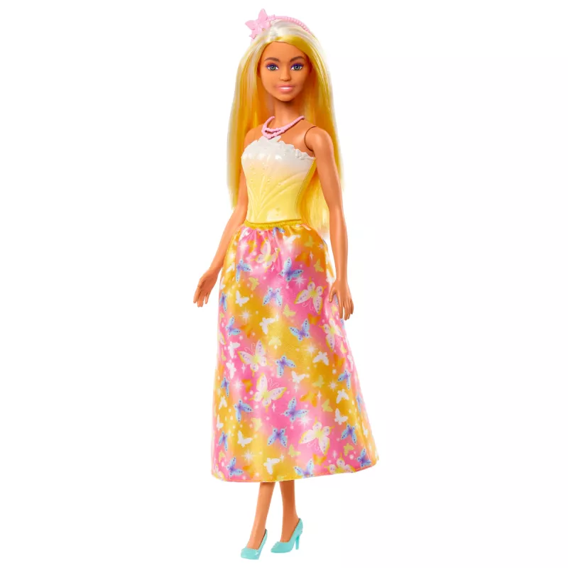 Barbie A Touch of Magic Royal bambola con capelli biondi evidenziati, gonna con stampa farfalla e accessori