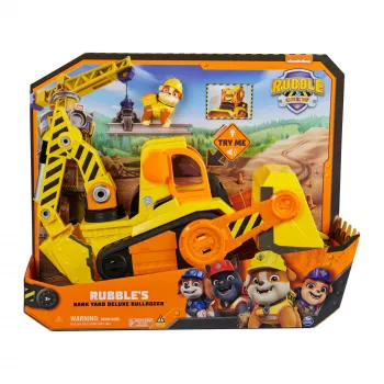 Rubble & Crew, Bark Yard Deluxe Bulldozer veicolo da costruzione giocattolo con luci, suoni e action figure Rubble, giocattolo per bambini e bambine dai 3 anni in su