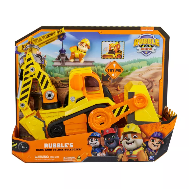 Rubble & Crew, Bark Yard Deluxe Bulldozer veicolo da costruzione giocattolo con luci, suoni e action figure Rubble, giocattolo per bambini e bambine dai 3 anni in su