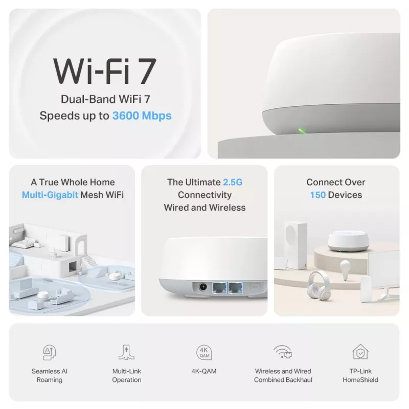 Sistema Mesh TP-Link BE3600 Dualband Wi‑Fi 7 (802.11be), 2882 Mbit/s, 2× LAN, 2,4/5 GHz, confezione da 2
