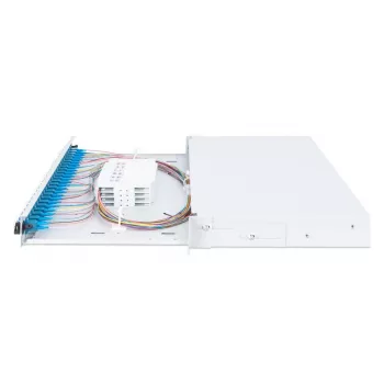 Cassetto di giunzione in fibra ottica scorrevole DIGITUS, 1U, equipaggiato con 24x LC Duplex, incl. vite M25, cassetta di giunzione Singlemode OS2, pigtail colorati