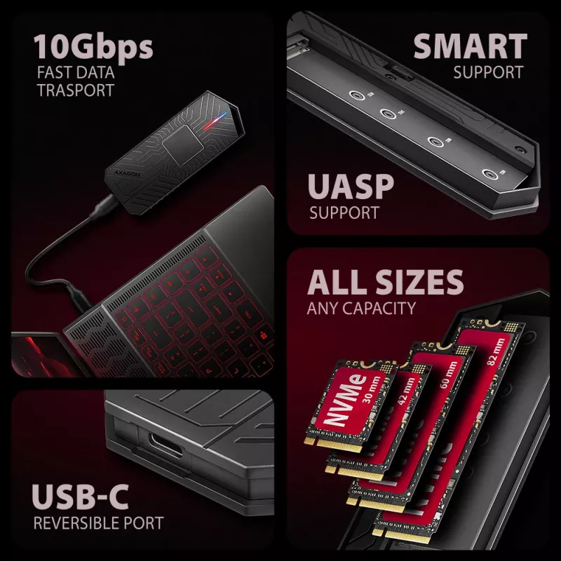 Axagon EEM2-GAM case esterno USB-C 10Gbps in metallo per SSD M.2 NVMe e SATA. Senza viti