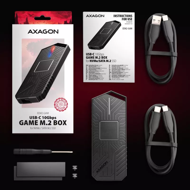 Axagon EEM2-GAM case esterno USB-C 10Gbps in metallo per SSD M.2 NVMe e SATA. Senza viti