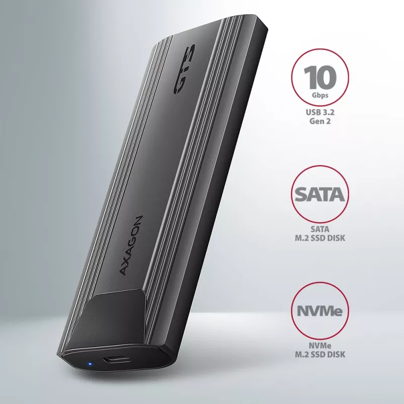 Axagon EEM2-GTS2 case esterno USB-C 10Gbit/s in metallo per SSD M.2 NVMe e SATA. Senza viti