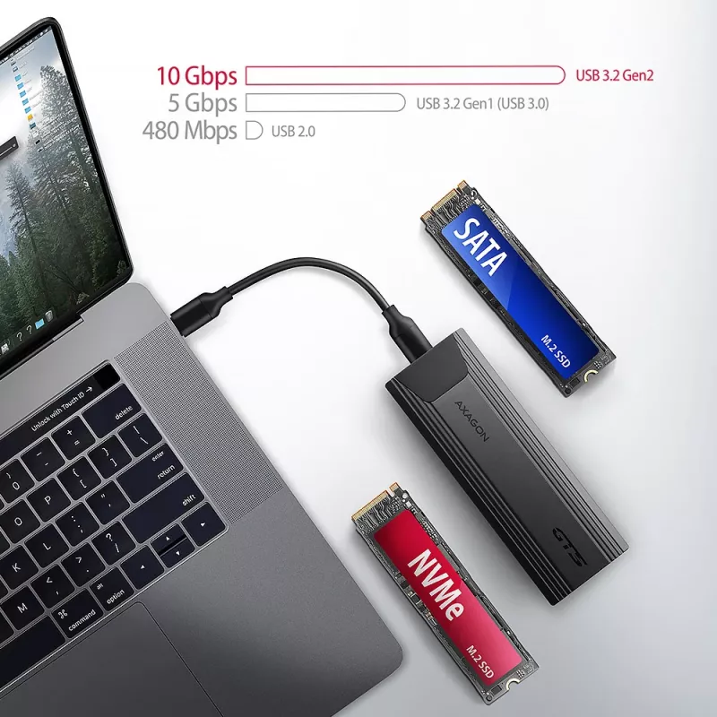 Axagon EEM2-GTS2 case esterno USB-C 10Gbit/s in metallo per SSD M.2 NVMe e SATA. Senza viti