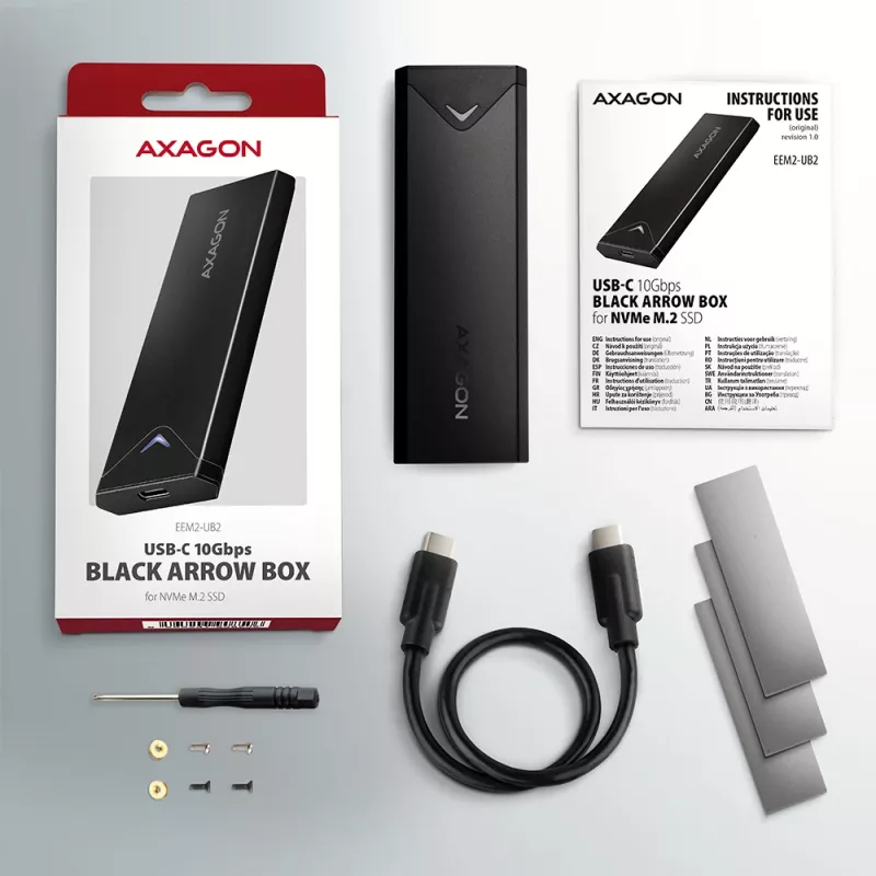 Axagon EEM2-UB2 case esterno USB-C 10Gbps in metallo per SSD M.2 NVMe. Nero