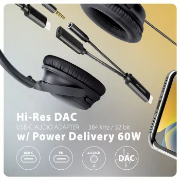 Axagon ADA-HCPD adattatore audio USB-C a jack 3,5 mm – DAC Hi-Res, 384 kHz/32 Bit, PD 60 W 3 A
