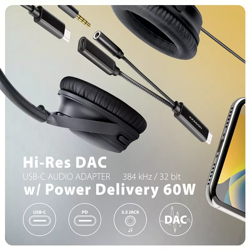 Axagon ADA-HCPD adattatore audio USB-C a jack 3,5 mm – DAC Hi-Res, 384 kHz/32 Bit, PD 60 W 3 A