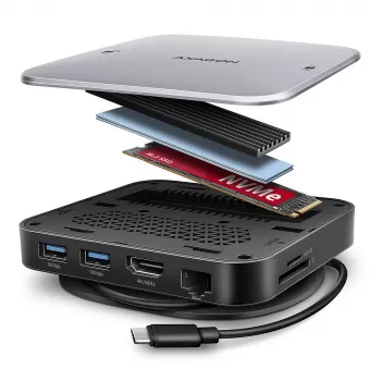 Axagon HMC-UFO hub USB-C M.2 SATA/NVMe Ethernet 1 Gbit/s audio 384 kHz USB con filo 3.2 Gen 2 (3.1 Gen 2) Type-C nero