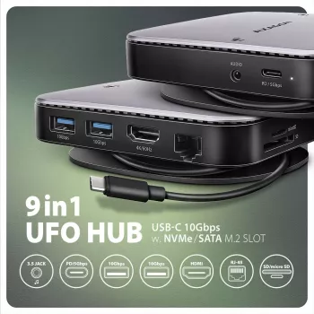 Axagon HMC-UFO hub USB-C M.2 SATA/NVMe Ethernet 1 Gbit/s audio 384 kHz USB con filo 3.2 Gen 2 (3.1 Gen 2) Type-C nero
