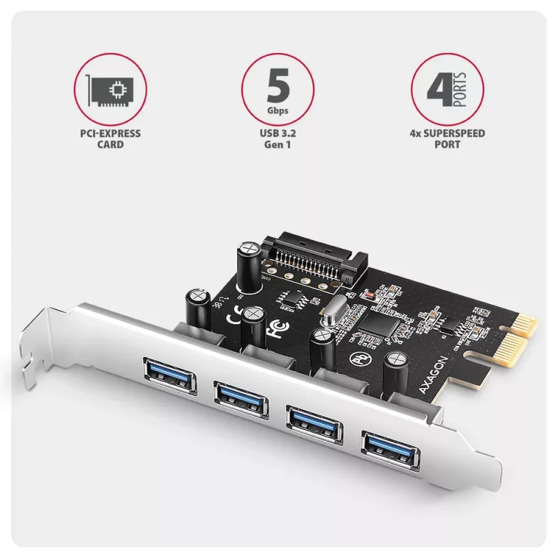 Axagon PCEU-430RS scheda controller PCIe 2.0 x1, 4x USB-A esterne 5 Gbps (USB 3.2 Gen 1), Renesas PD720201, UASP, alimentazione SATA a 15 pin