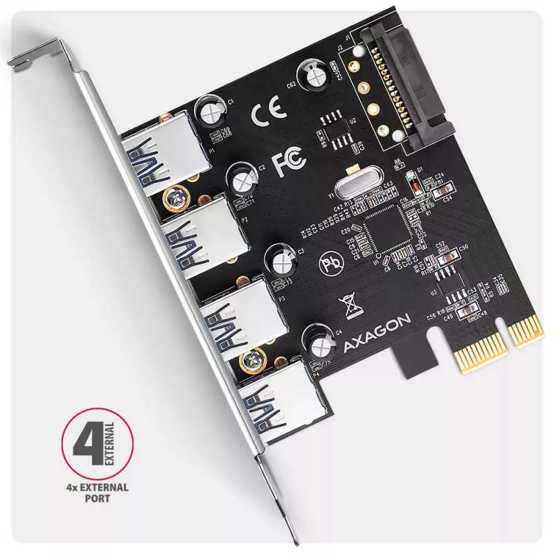 Axagon PCEU-430RS scheda controller PCIe 2.0 x1, 4x USB-A esterne 5 Gbps (USB 3.2 Gen 1), Renesas PD720201, UASP, alimentazione SATA a 15 pin