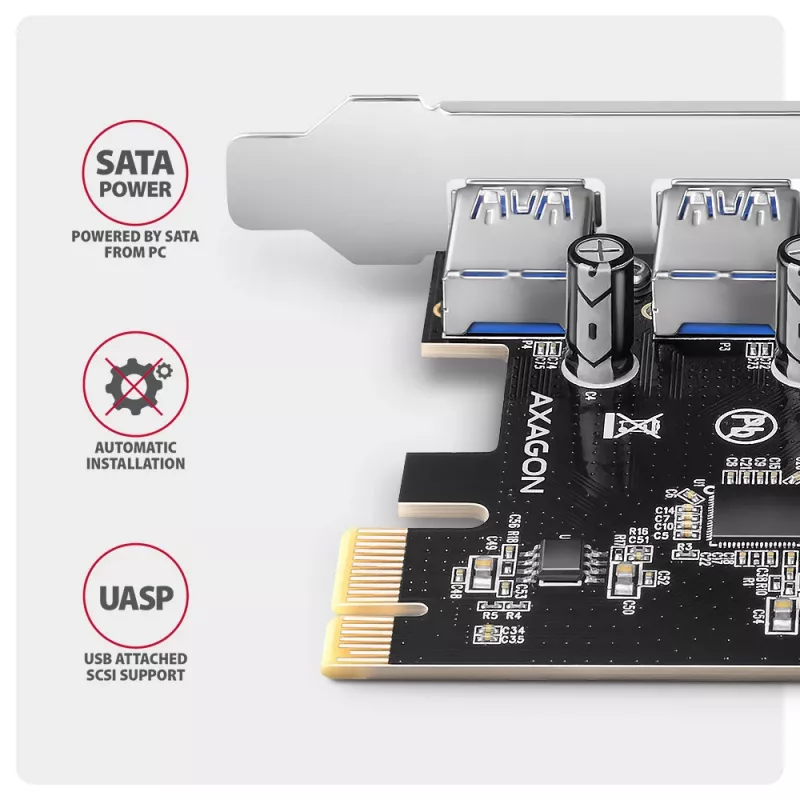 Axagon PCEU-430RS scheda controller PCIe 2.0 x1, 4x USB-A esterne 5 Gbps (USB 3.2 Gen 1), Renesas PD720201, UASP, alimentazione SATA a 15 pin