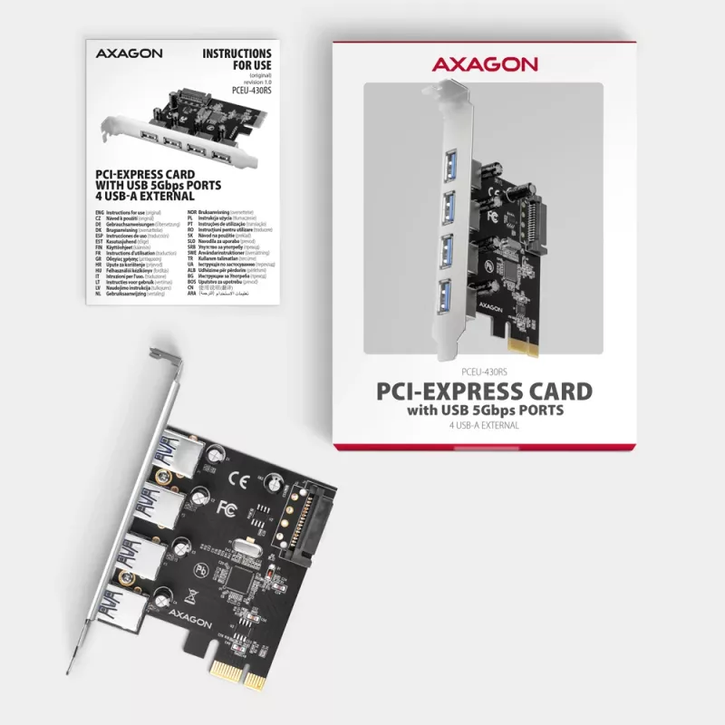 Axagon PCEU-430RS scheda controller PCIe 2.0 x1, 4x USB-A esterne 5 Gbps (USB 3.2 Gen 1), Renesas PD720201, UASP, alimentazione SATA a 15 pin