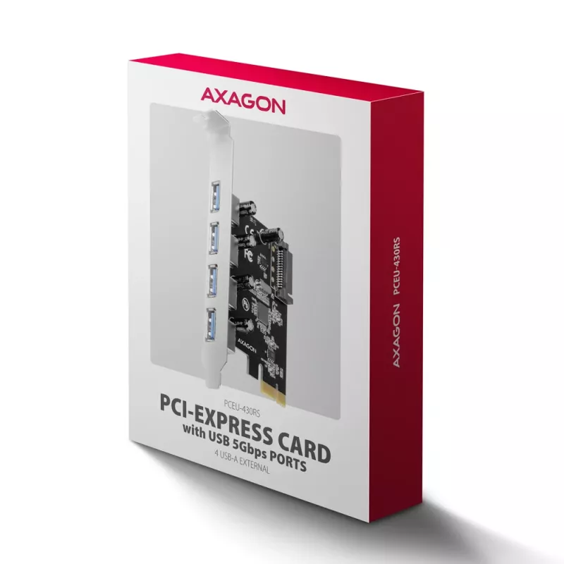 Axagon PCEU-430RS scheda controller PCIe 2.0 x1, 4x USB-A esterne 5 Gbps (USB 3.2 Gen 1), Renesas PD720201, UASP, alimentazione SATA a 15 pin
