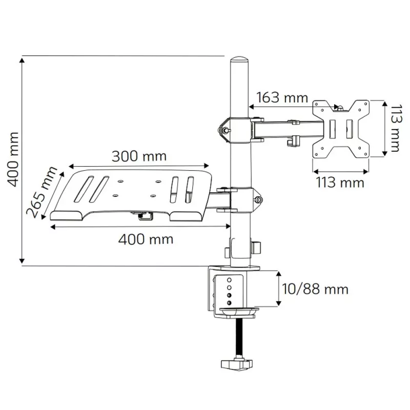 Techly ICA-LCD 174NB supporto da scrivania per monitor con ripiano per laptop, 13–32 pollici (33–81,3 cm), 8 kg, laptop 12–17 pollici, VESA 75x75 / 100x100, nero
