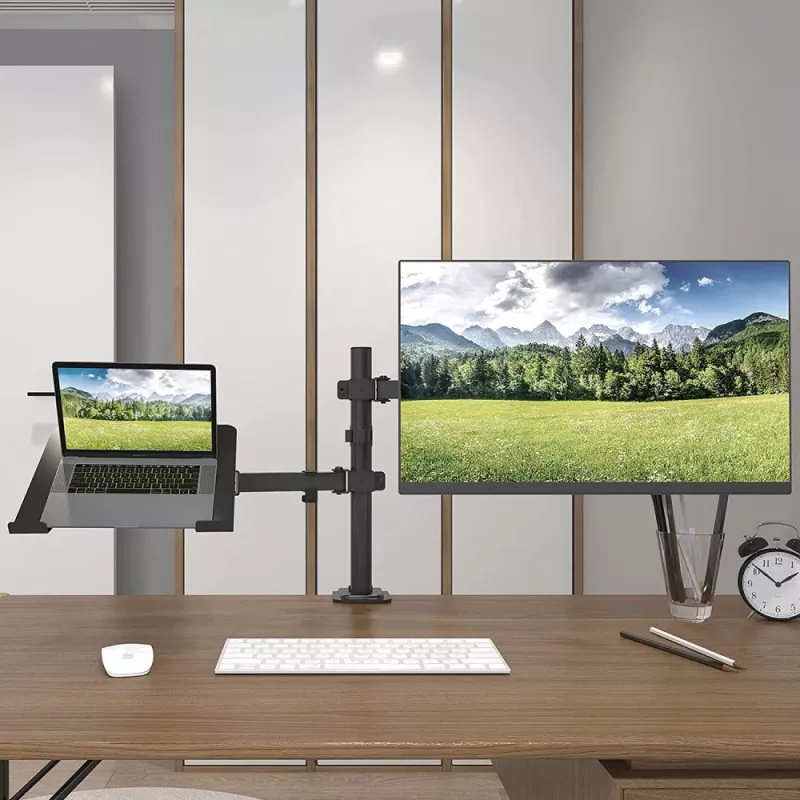 Techly ICA-LCD 174NB supporto da scrivania per monitor con ripiano per laptop, 13–32 pollici (33–81,3 cm), 8 kg, laptop 12–17 pollici, VESA 75x75 / 100x100, nero