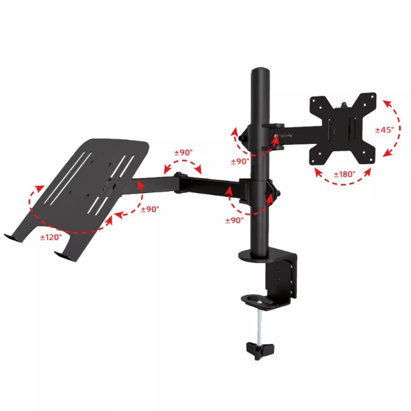 Techly ICA-LCD 174NB supporto da scrivania per monitor con ripiano per laptop, 13–32 pollici (33–81,3 cm), 8 kg, laptop 12–17 pollici, VESA 75x75 / 100x100, nero