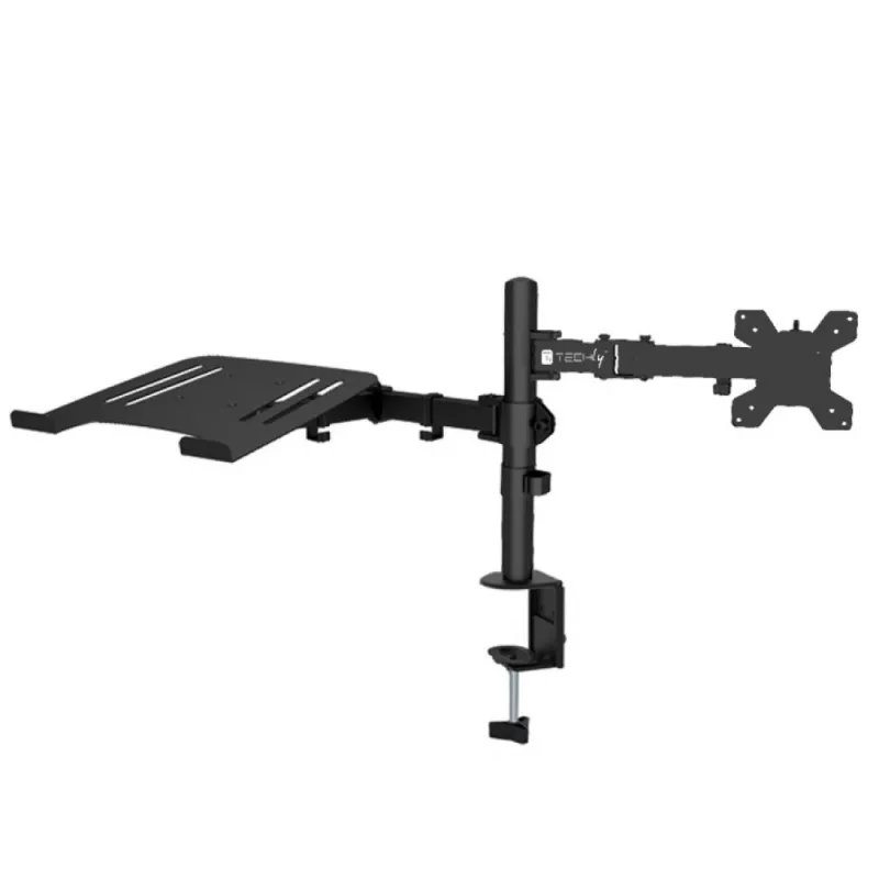 Techly ICA-LCD 174NB supporto da scrivania per monitor con ripiano per laptop, 13–32 pollici (33–81,3 cm), 8 kg, laptop 12–17 pollici, VESA 75x75 / 100x100, nero