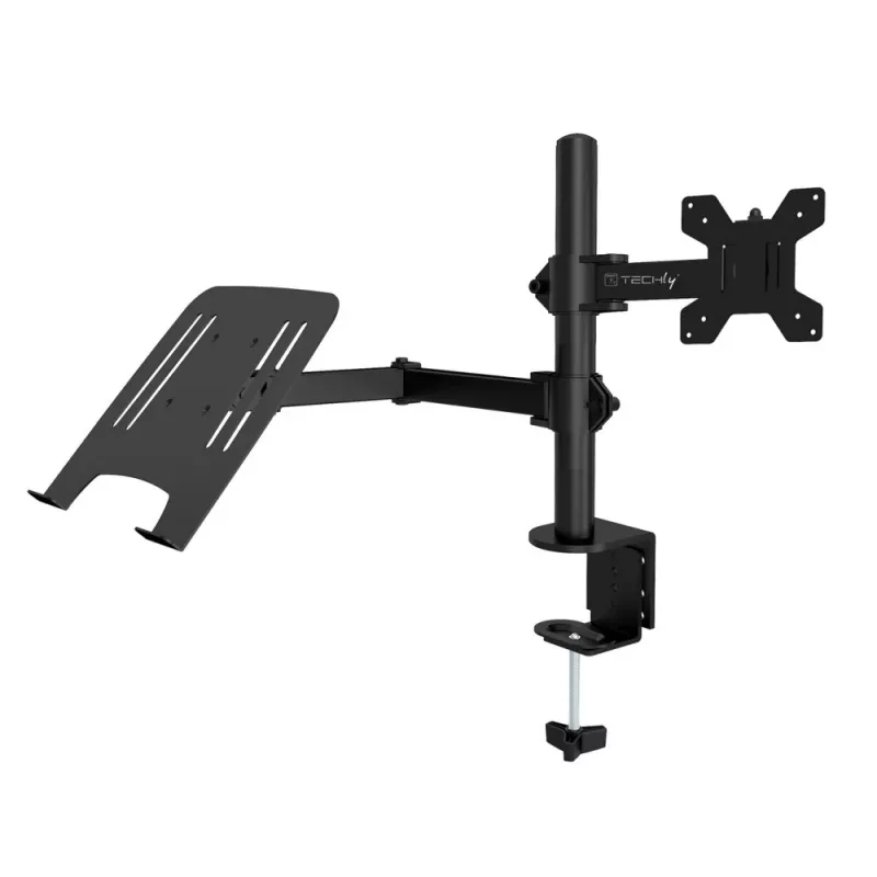 Techly ICA-LCD 174NB supporto da scrivania per monitor con ripiano per laptop, 13–32 pollici (33–81,3 cm), 8 kg, laptop 12–17 pollici, VESA 75x75 / 100x100, nero