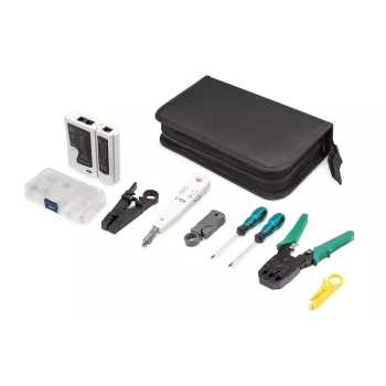 Set di utensili per rete DIGITUS - tester LAN crimpatrice utensile da taglio e spellatura utensile di inserimento borsa 12 pezzi
