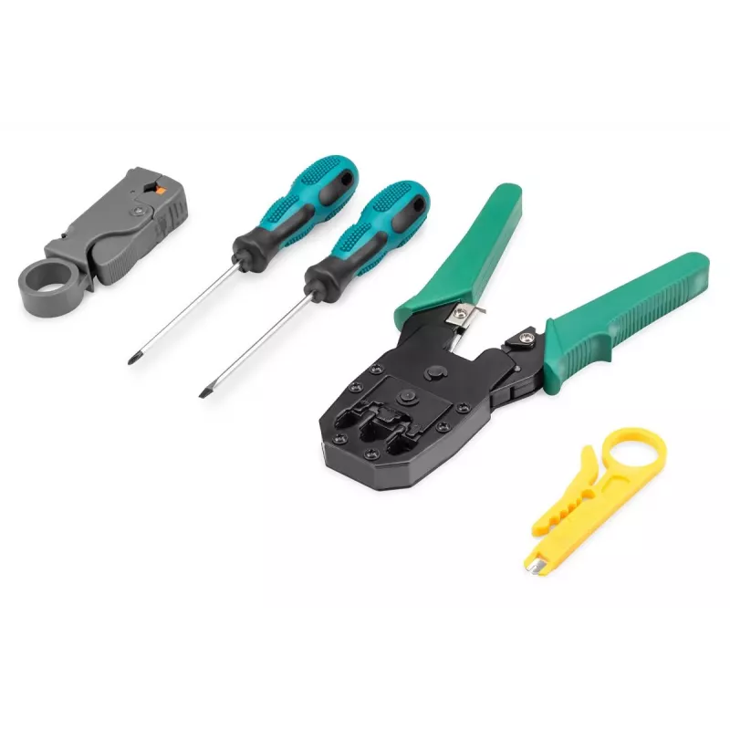 Set di utensili per rete DIGITUS - tester LAN crimpatrice utensile da taglio e spellatura utensile di inserimento borsa 12 pezzi