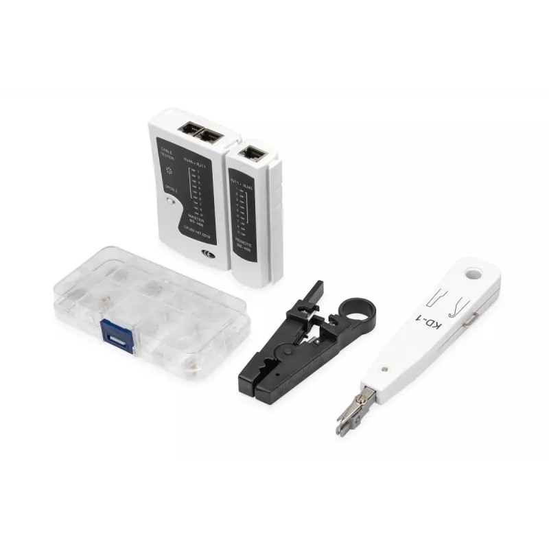 Set di utensili per rete DIGITUS - tester LAN crimpatrice utensile da taglio e spellatura utensile di inserimento borsa 12 pezzi