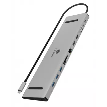 ICY BOX 11-in-1 via USB Type-C, con filo, USB 3.2 Gen 1 (3.1 Gen 1) Type-C, 100 W, 3,5 mm, 10,100,1000 Mbit/s, antracite, nero