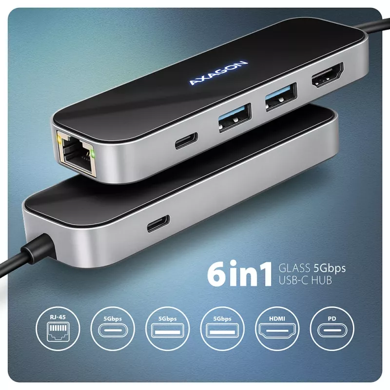 Axagon HMC-6GLN hub USB 5Gbps, 2x USB-A, USB-C, HDMI 4k/60Hz, RJ-45, PD 100W, cavo USB-C
