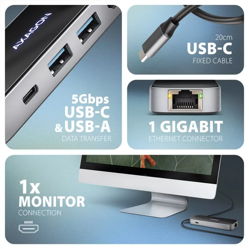 Axagon HMC-6GLN hub USB 5Gbps, 2x USB-A, USB-C, HDMI 4k/60Hz, RJ-45, PD 100W, cavo USB-C