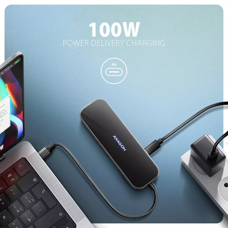 Axagon HMC-6GLN hub USB 5Gbps, 2x USB-A, USB-C, HDMI 4k/60Hz, RJ-45, PD 100W, cavo USB-C