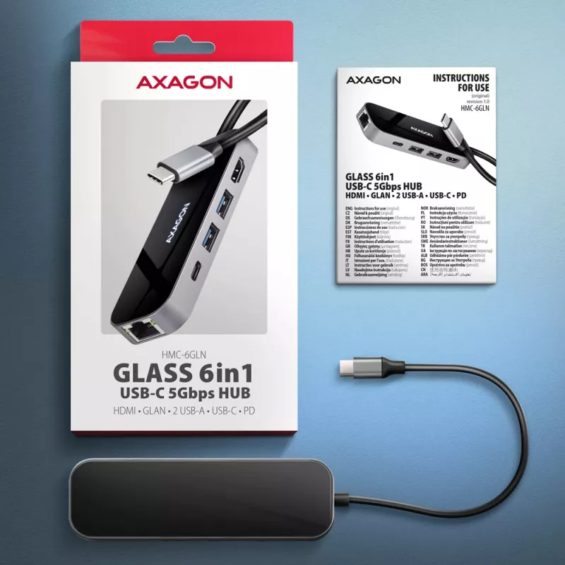 Axagon HMC-6GLN hub USB 5Gbps, 2x USB-A, USB-C, HDMI 4k/60Hz, RJ-45, PD 100W, cavo USB-C
