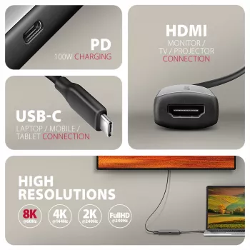Axagon RVC-HI8KPD, adattatore USB-C -> HDMI 2.1, 8K/60Hz, 4K/144Hz, HDR10+, PD100W