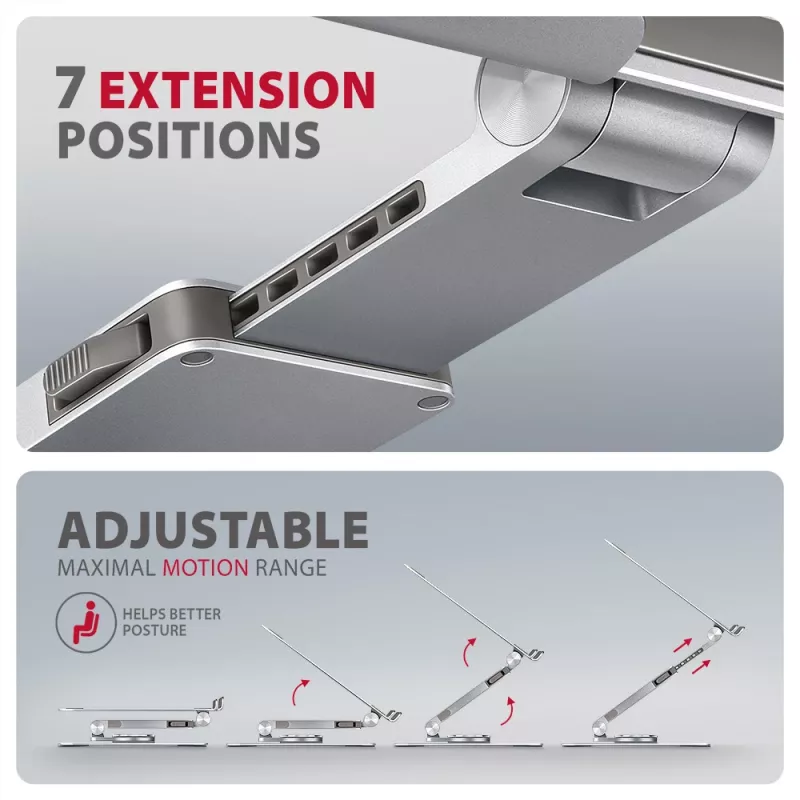 Axagon STND-LR supporto in alluminio con rotazione a 360° per laptop da 10 inch a 17,3 inch. Altezza e inclinazione regolabili.
