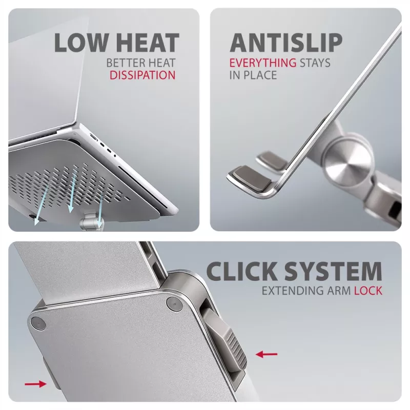 Axagon STND-LR supporto in alluminio con rotazione a 360° per laptop da 10 inch a 17,3 inch. Altezza e inclinazione regolabili.