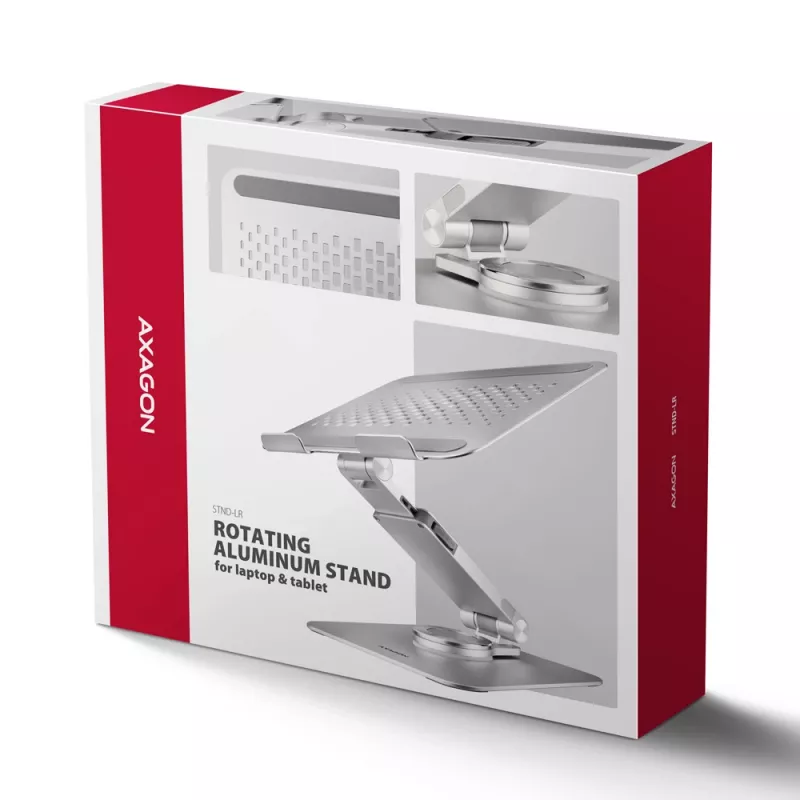 Axagon STND-LR supporto in alluminio con rotazione a 360° per laptop da 10 inch a 17,3 inch. Altezza e inclinazione regolabili.
