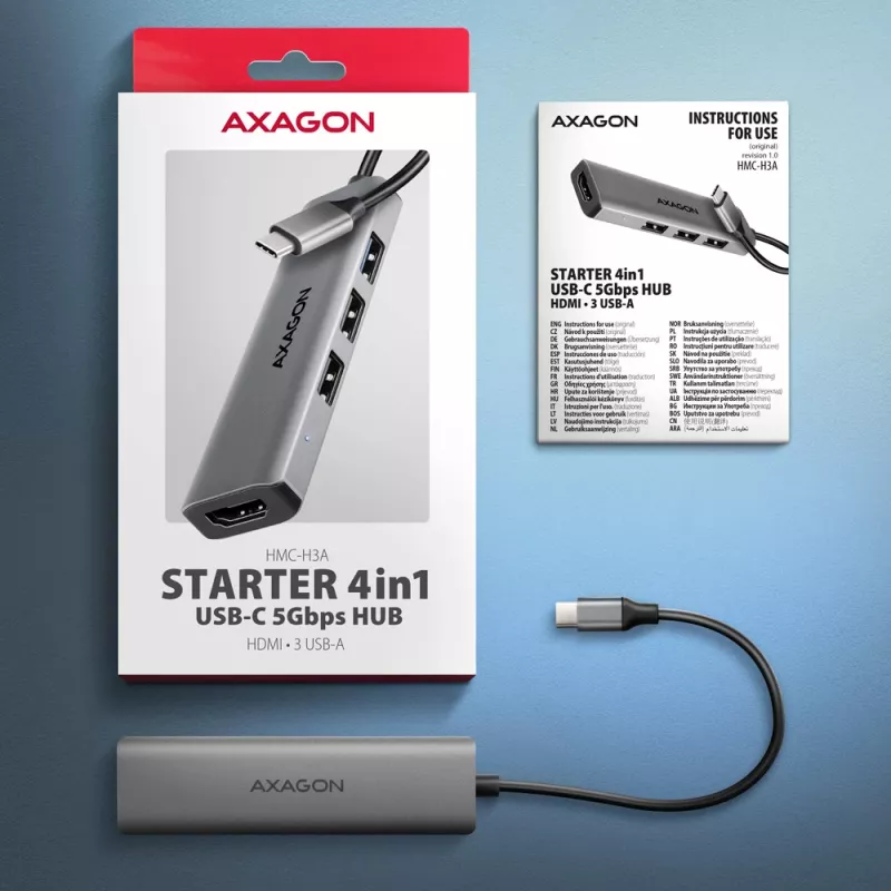 Axagon HMC-H3A hub USB 5Gbps, 3x USB-A, HDMI 4k/30Hz, cavo USB-C 15cm