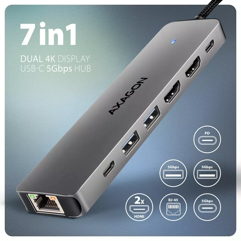 Axagon HMC-7HX2 hub USB 5Gbps, 2x USB-A, USB-C, 2x HDMI 4K/60Hz, RJ-45, PD 100W