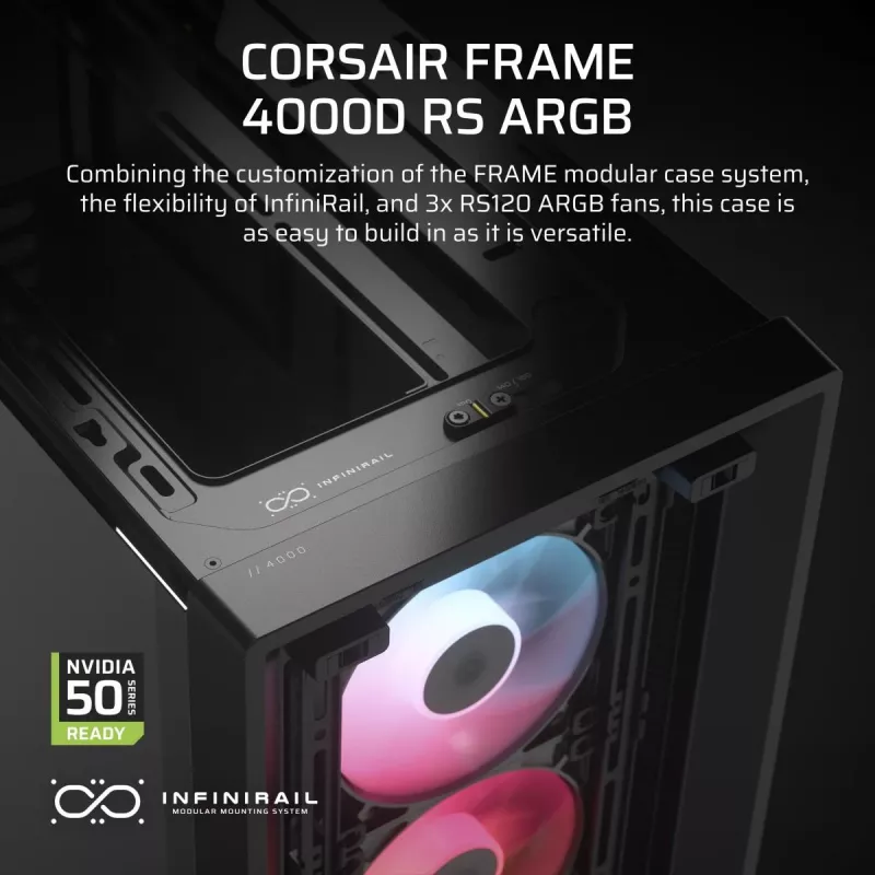 Case PC CORSAIR FRAME 4000D RS ARGB mid tower nero — ATX/Micro-ATX/Mini-ITX, vetro temperato, ventole ARGB, GPU fino a 370 mm