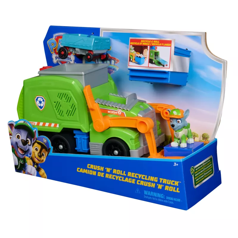 PAW Patrol: Crush N’ Roll camion per il riciclo con action figure Rocky e veicolo compattatore trasformabile, giocattolo per bambini e bambine da 3 anni