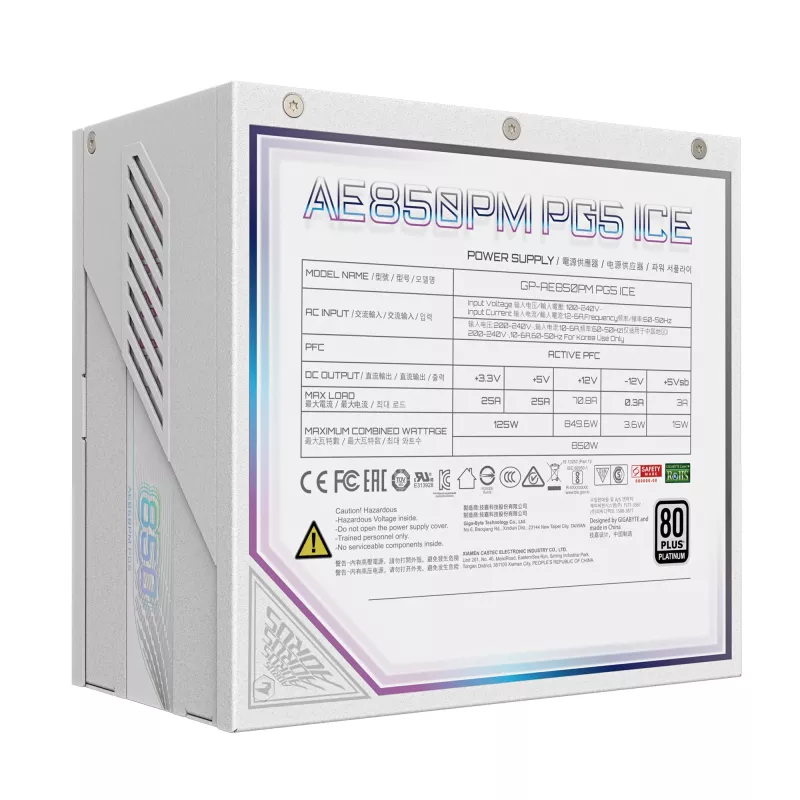 Alimentatore GIGABYTE AORUS ELITE P850W 850W ATX 80 PLUS Platinum completamente modulare bianco ventola 120mm