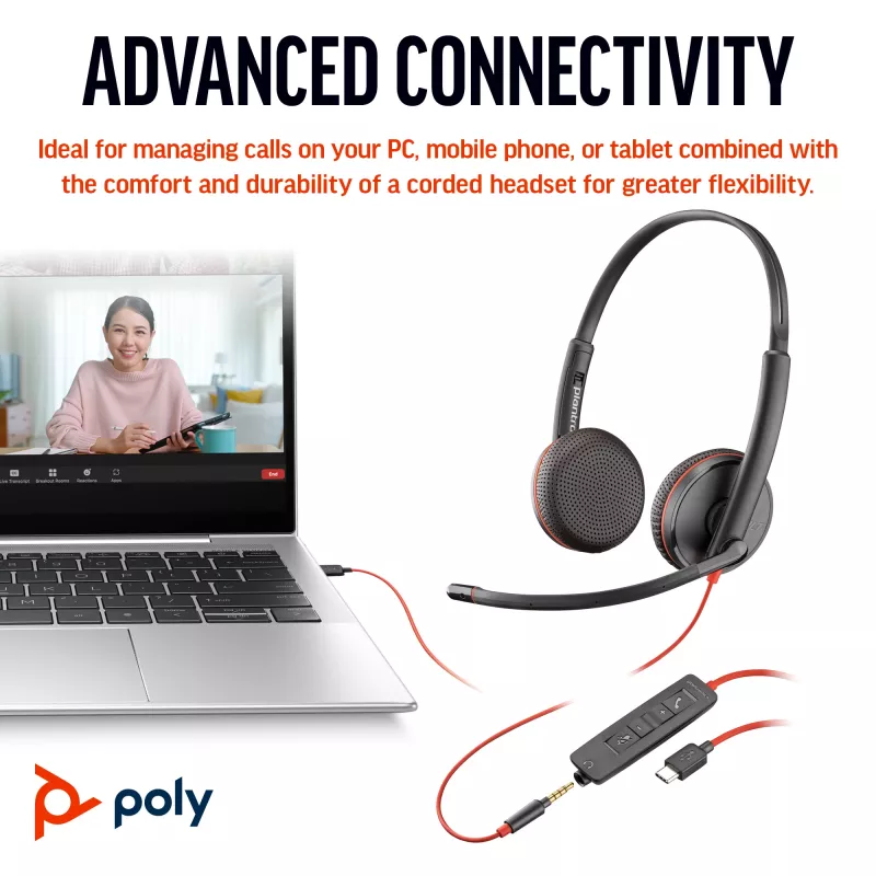 HP Poly Blackwire 3225 headset stereo USB-C +jack 3,5 mm +adattatore USB-C/A (Bulk)