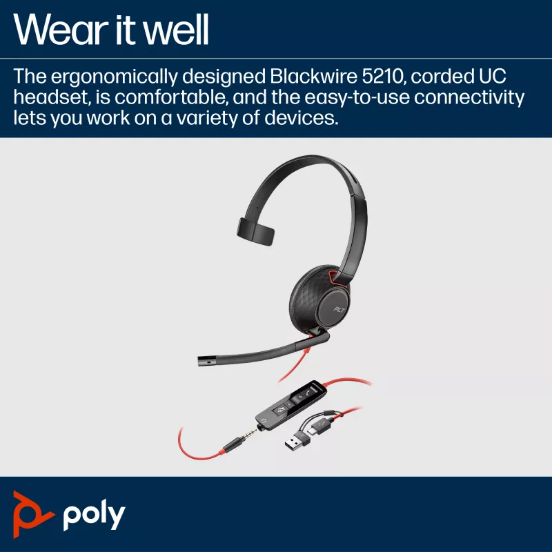 HP Poly Blackwire 5210 Mono USB-C Headset + spina 3,5 mm + adattatore USB-C/A