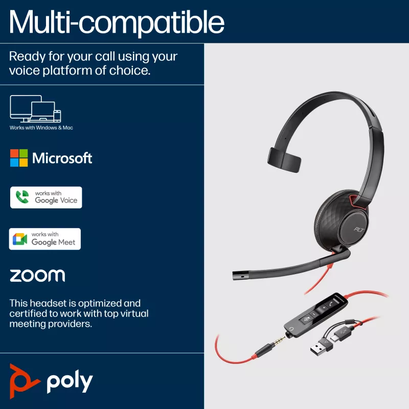 HP Poly Blackwire 5210 Mono USB-C Headset + spina 3,5 mm + adattatore USB-C/A