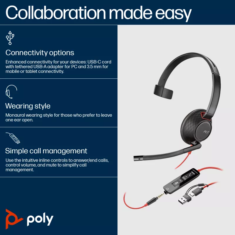 HP Poly Blackwire 5210 Mono USB-C Headset + spina 3,5 mm + adattatore USB-C/A