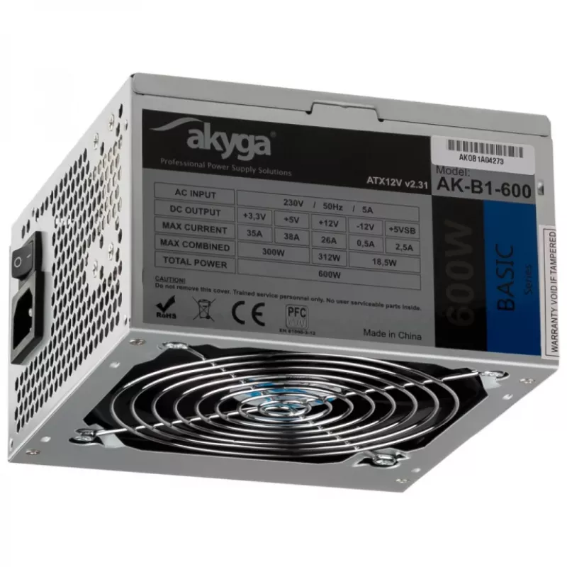 Akyga Basic AK-B1-600 alimentatore ATX 600 W, ventola 120 mm, PFC passivo, grigio