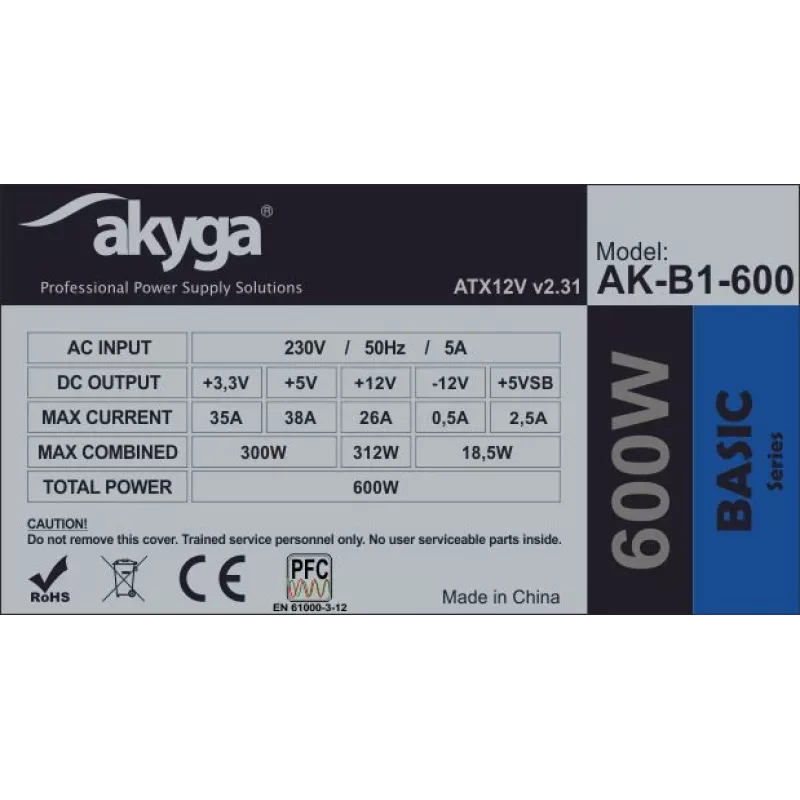 Akyga Basic AK-B1-600 alimentatore ATX 600 W, ventola 120 mm, PFC passivo, grigio