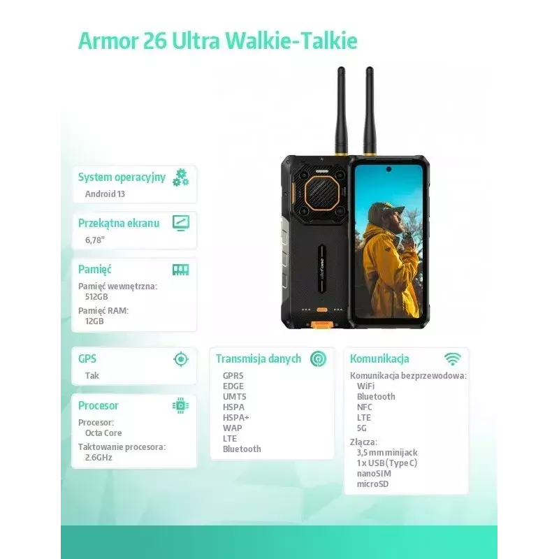 Ulefone Armor 26 Ultra smartphone 5G, walkie-talkie, 12GB RAM, 512GB, IP69K, nero (senza caricabatterie)