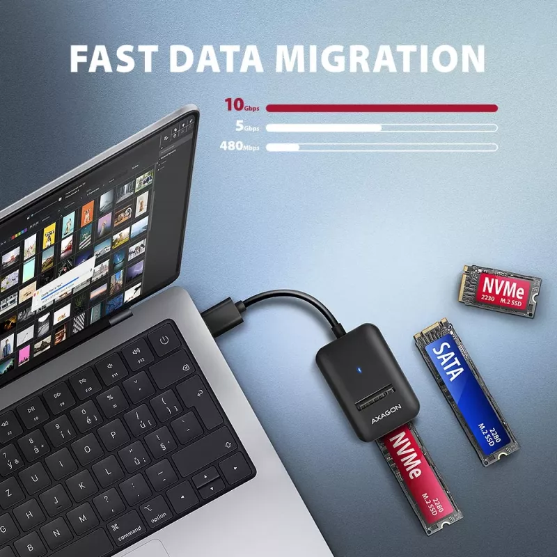 Case per SSD AXAGON ADM2-AM USB-A 10 Gbit/s per singola unità M.2 NVMe/SATA, USB 3.2 Gen 2, cavo 10 cm, nero